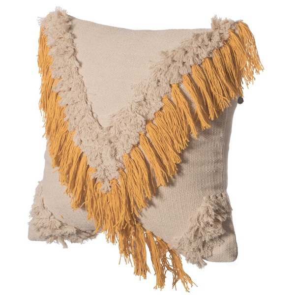 Deerlux 16" Handwoven Cotton Throw Pillow Cover with Embossed and Fringed Crossed line, Yellow QI004300.YL.K - main